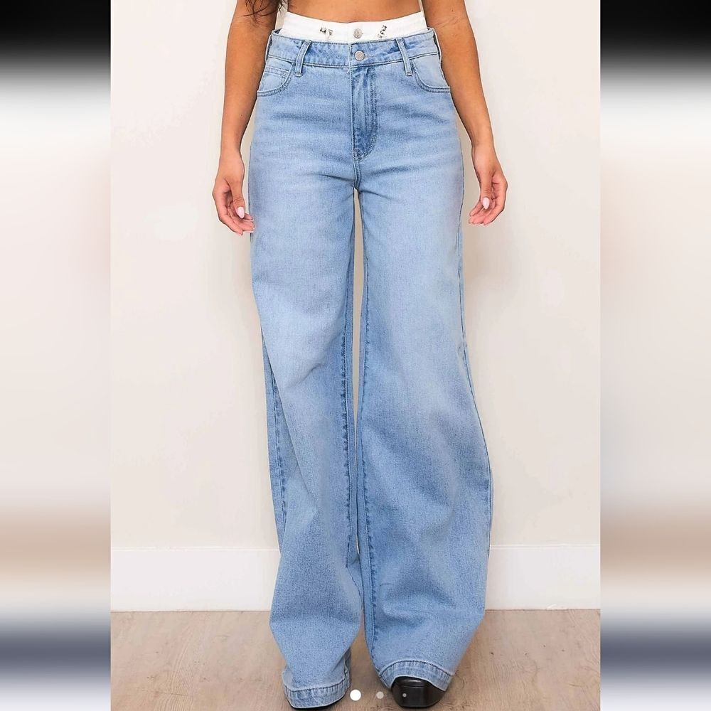 Vibrant Miu Double Waist Band Wide Leg Jeans Medium Light Stone Size M
